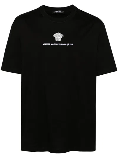 Shop Versace Cotton T-shirt With Embroidered Logo In Black