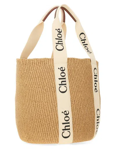 Shop Chloé Large "woody" Bag In Beige