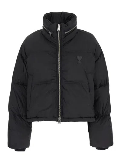 Ami Alexandre Mattiussi Black Down Jacket With Adc Embroidery And Removable Hood In Black