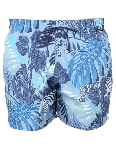 Shop Etro Boxer Swimsuit With Maxi Floral Print In Blue