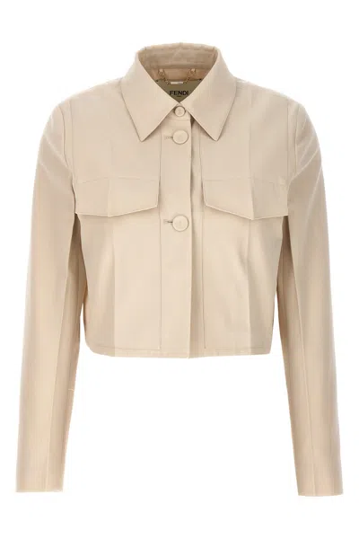 Fendi Collared Structured Cropped Jacket Detail In Cream
