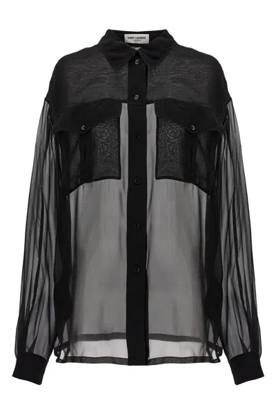 Saint Laurent Silk Crepe Muslin Shirt In Black