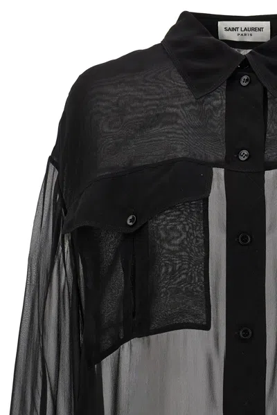Saint Laurent Silk Crepe Muslin Shirt In Black