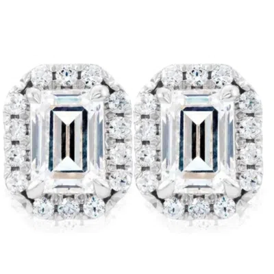Pompeii3 3/4 Ct Emerald Moissanite & Lab Grown Diamond Halo Studs 14k White Gold Earrings In Multi