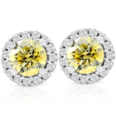 Pompeii3 1/2 Ct Halo Fancy Canary Yellow Lab Grown Diamond Studs 10k White Gold Earrings In Multi