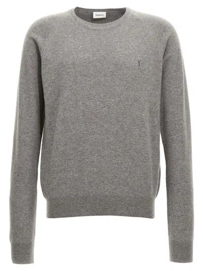 Saint Laurent Grey Crewneck Sweater With Cassandre In Cashmere Man