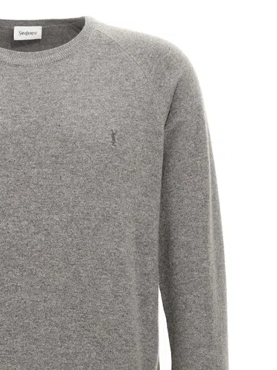 Saint Laurent Grey Crewneck Sweater With Cassandre In Cashmere Man