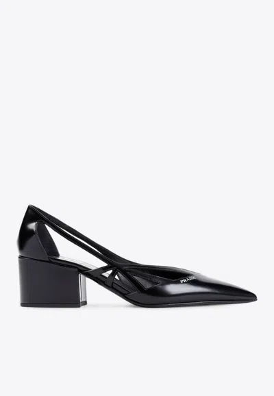 Shop Prada 50 Leather Pointed Pumps In Black