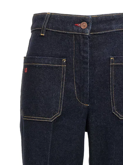 Victoria Beckham Wide Leg High Rise Jeans With Contrast Stitching In Blue
