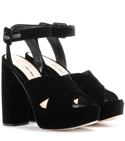 Miu Miu Velvet Block-heel Platform Sandals In Black
