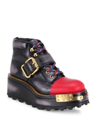 Prada Buckle Leather 60mm Hiking Boot, Black/scarlet (nero/scarlatto) In Black-multi