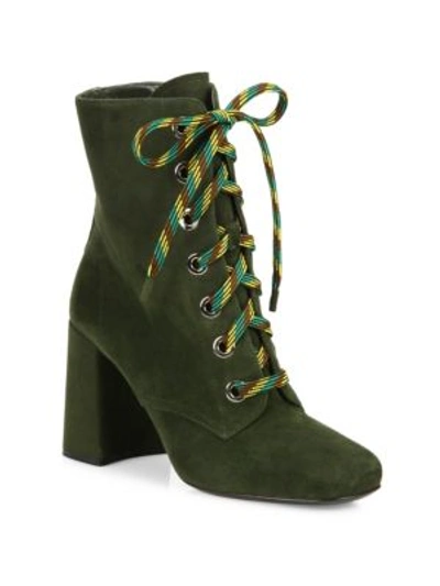 Prada Suede Lace-up Block-heel Booties In Military Green
