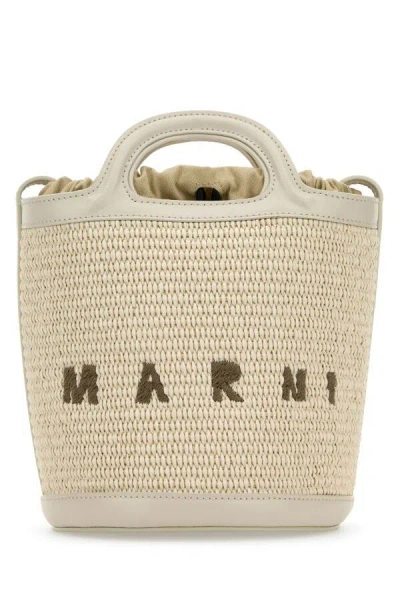 Marni Ivory Leather And Raffia Tropicalia Bucket Bag In White