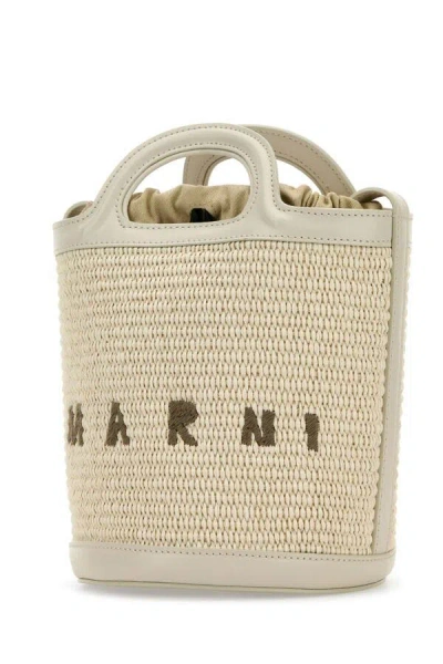 Marni Ivory Leather And Raffia Tropicalia Bucket Bag In White
