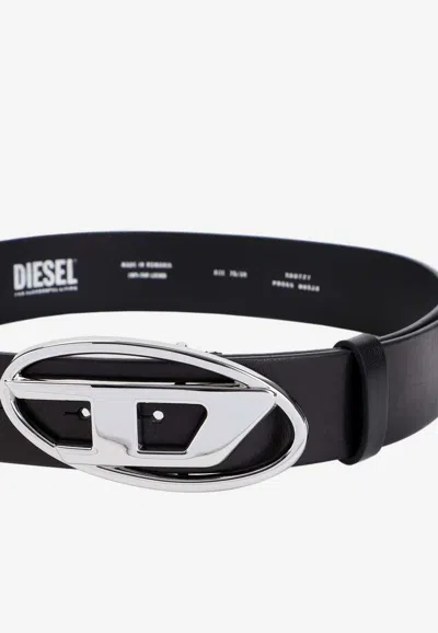 Diesel Black Leather Belt With Polished Oval Buckle