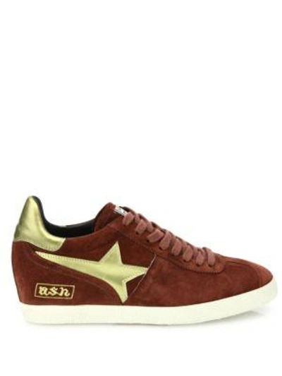Shop Ash Guepard Bis Suede & Faux Metallic Leather Wedge Trainers In Barolo-gold