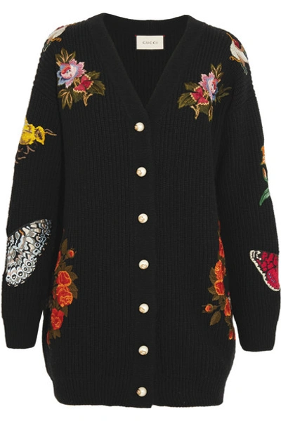 Shop Gucci Oversized Embroidered Merino Wool Cardigan