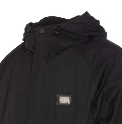 Dolce & Gabbana Logo Plaque Drawstring Hooded Jacket In Black