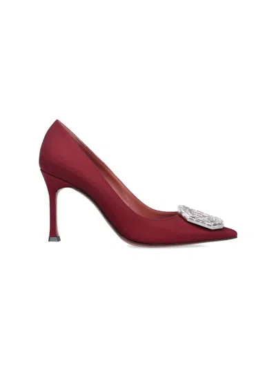 Amina Muaddi Camelia Crystal-embellished Satin Point-toe Pumps In Burgundy