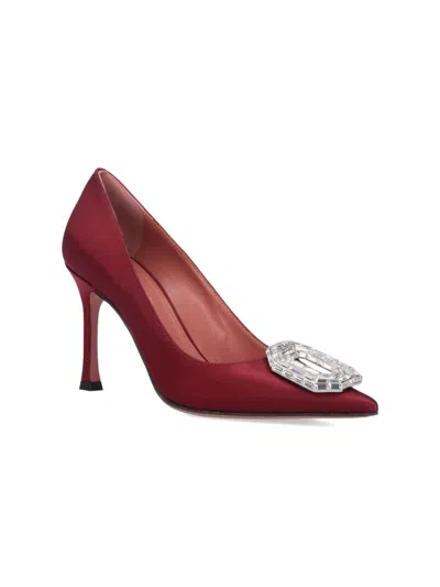 Amina Muaddi Camelia Crystal-embellished Satin Point-toe Pumps In Burgundy