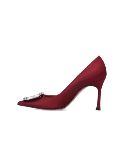 Amina Muaddi Camelia Crystal-embellished Satin Point-toe Pumps In Burgundy