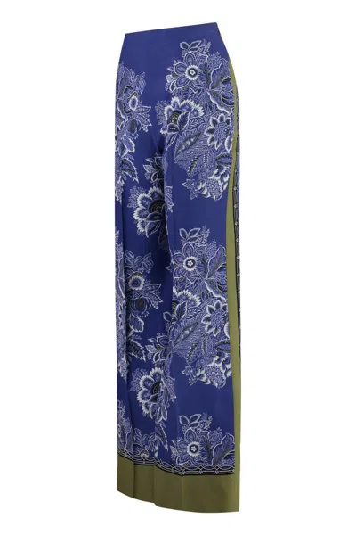 Etro High-rise Bandana Border-print Wide-leg Silk Pull-on Pants In Blue