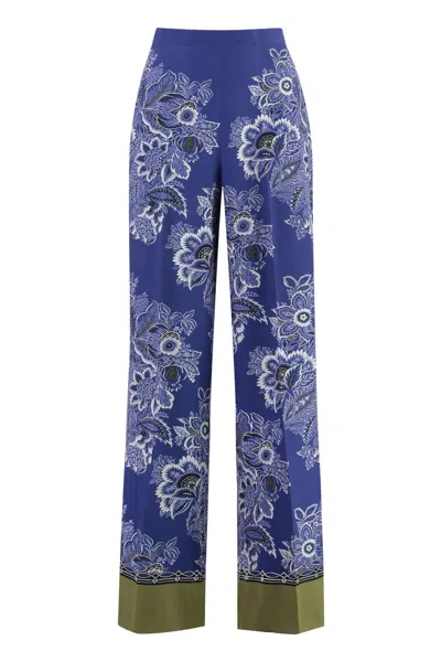 Etro High-rise Bandana Border-print Wide-leg Silk Pull-on Pants In Blue