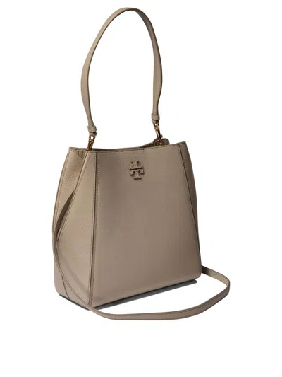 Shop Tory Burch Grey Leather Mcgraw Bucket Bag In Beige