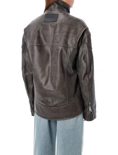 Jw Anderson Curved Leather Hem High Neck Jacket In Brown