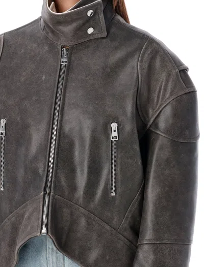 Jw Anderson Curved Leather Hem High Neck Jacket In Brown