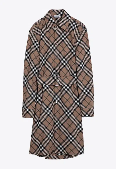 Burberry Waist Belted Shirt Dress With Checked Pattern In Beige