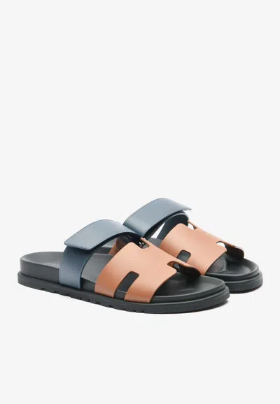 Pre-owned Hermes Chypre Sandals In Gold And Bleu Celeste Calfskin