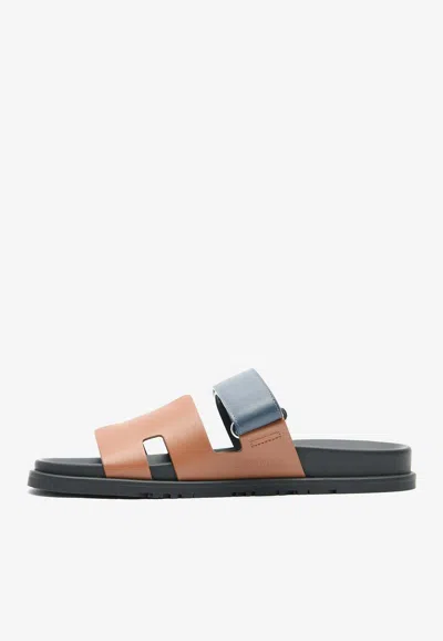 Pre-owned Hermes Chypre Sandals In Gold And Bleu Celeste Calfskin