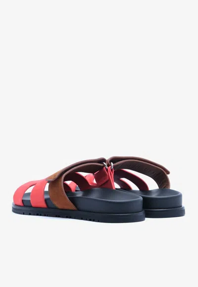 Pre-owned Hermes Chypre Sandals In Rouge Cinetique And Gold Suede
