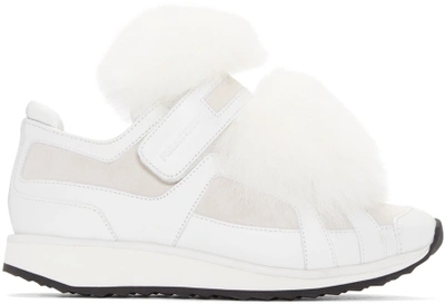 Pierre Hardy White Fox-trimmed Slip-on Trainers