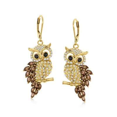 Ross-simons Smoky Quartz, White Zircon And . Black Spinel Owl Drop Earrings In 18kt Gold Over Sterling In Gold
