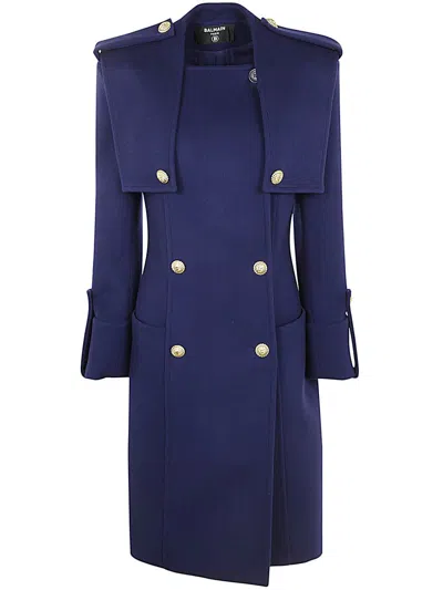 Shop Balmain Buttoned Wool & Cashmere Trench Coat Clothing In Blue