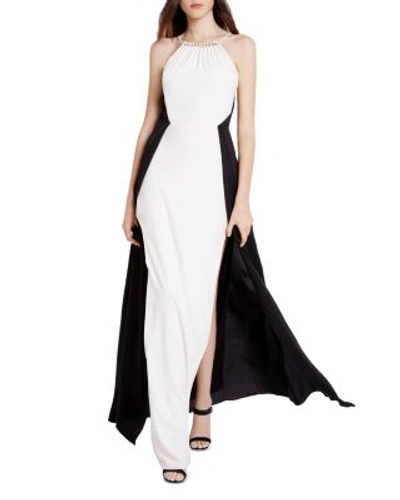Halston Heritage Shirred Neck Colorblocked Gown In Chalk/black