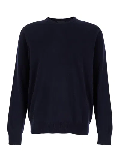 Plain Black Crewneck Sweater With Ribbed Trims In Wool Man In Blue