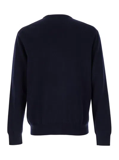 Plain Black Crewneck Sweater With Ribbed Trims In Wool Man In Blue