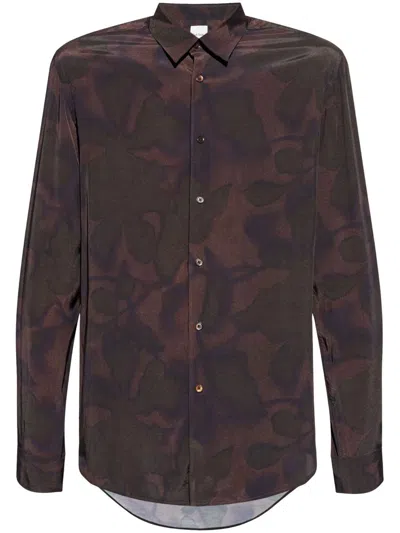 Paul Smith Camouflage Floral Print Shirt With Rear Curved Hem In Brown