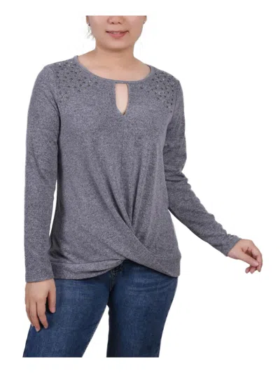 Ny Collection Petite Long Sleeve Knit Keyhole Top In Grey