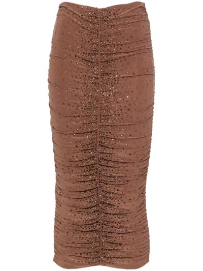 Shop Andreädamo Andreādamo Midi Fitted Skirt With Rhinestones In Beige