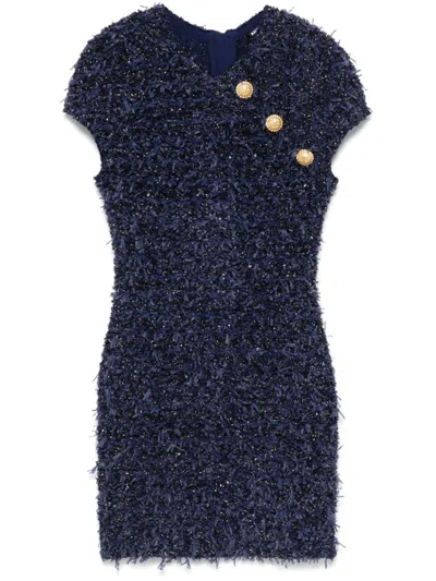 Shop Balmain Short Bouclé Dress With Buttons In Blue