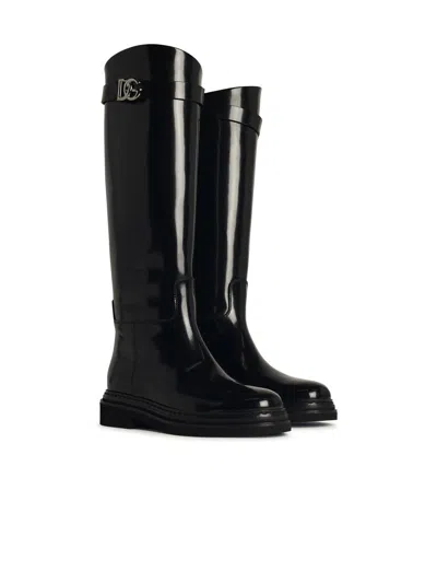Dolce & Gabbana Black Shiny Leather Boots In Black