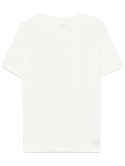 Saint Laurent Logo Tag Crewneck T-shirt In Beige
