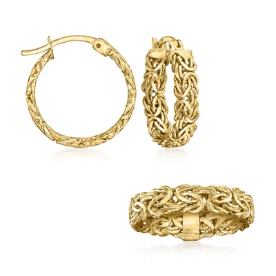 Ross-simons 18kt Gold Over Sterling Byzantine Jewelry Set: Hoop Earrings And Ring In Yellow