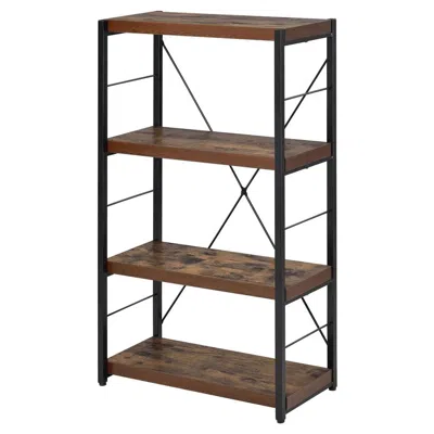 Furnizzeme 4 Tiered Metal Framed Wooden Bookshelf, Weathered Oak Brown And Black