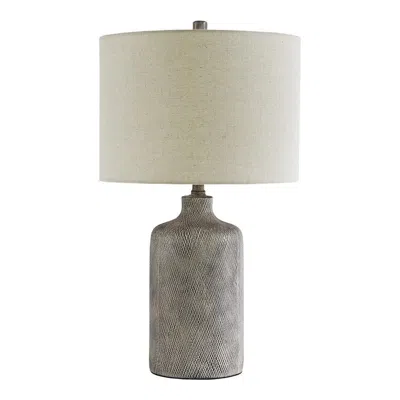 Furnizzeme Textured Ceramic Frame Table Lamp With Fabric Shade, Gray And Off White