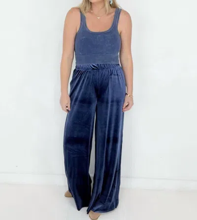 Zenana Velvet Wide Leg Pants In Navy In Blue